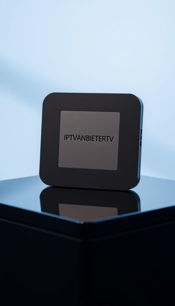 A modern, sleek IPTV box with a clean, minimalist design, standing atop a glossy black surface. The box features the brand name "IPTVANBIETERTV" emblazoned on the front in a bold, modern font. Soft, directional lighting casts subtle shadows, highlighting the box's sharp edges and smooth curves. The background is a serene, out-of-focus gradient, allowing the IPTV box to be the focal point. The overall atmosphere conveys a sense of versatility, flexibility, and the promise of endless entertainment.