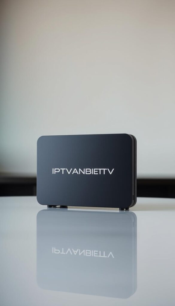 A modern, sleek IPTV box with a minimalist design, displaying the brand name "IPTVANBIETERTV" in a subtle yet eye-catching manner. The box is placed on a clean, reflective surface, allowing for a sense of depth and perspective. The lighting is soft and diffused, creating an inviting and premium atmosphere. The background is a muted, neutral tone, allowing the IPTV box to be the focal point. The overall scene conveys a sense of quality, affordability, and the reliable performance expected from a leading IPTV service provider.