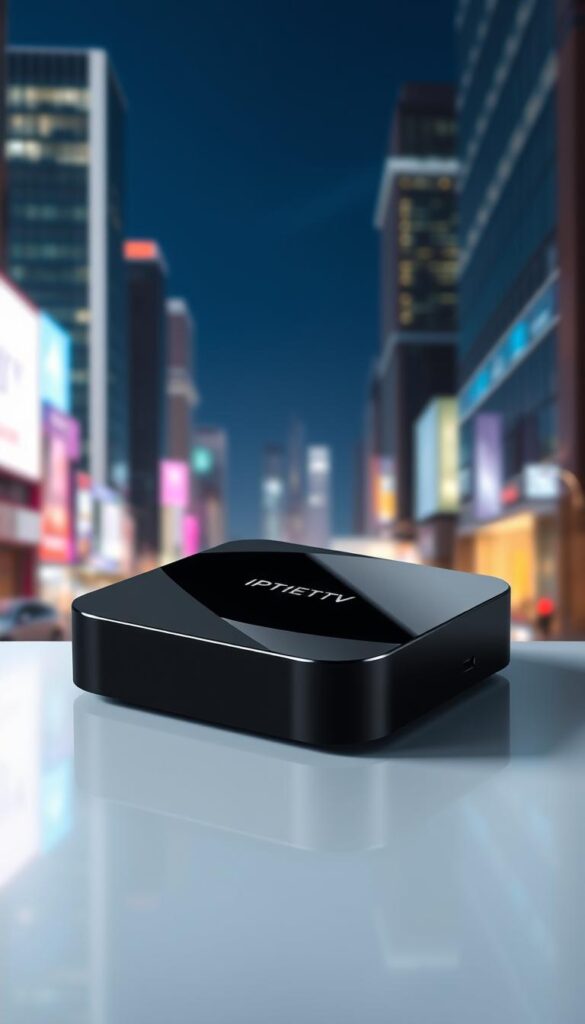 A modern, sleek IPTV box with a minimalist design, showcasing the IPTVANBIETERTV brand. The box is positioned centrally, with a soft, natural lighting illuminating its glossy, black exterior. In the background, a blurred, yet vibrant cityscape provides a metropolitan context, highlighting the device's versatility in an urban setting. The composition emphasizes the box's compact form and high-tech capabilities, conveying the advantages of IPTV over traditional television services.
