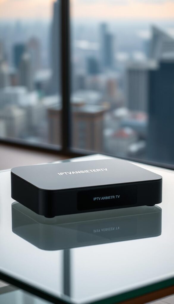 A modern, sleek IPTV box with the IPTVANBIETERTV brand prominently displayed on the front panel. The box is resting on a minimalist, glass-topped table, with a soft, diffused lighting illuminating the scene. The background features a blurred, out-of-focus cityscape, hinting at the expansive content and entertainment options the box provides. The overall mood is one of sophistication and technological innovation, reflecting the premium quality and capabilities of the IPTV box.