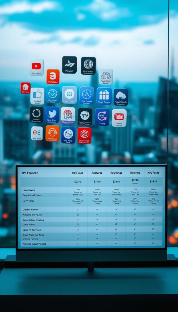 A modern, sleek IPTV comparison display showcasing various IPTVANBIETERTV providers. The foreground features a floating array of IPTV service icons, each with a concise description. The middle ground has a minimalist table-like layout comparing key features, pricing, and ratings. The background is a softly blurred cityscape, conveying a sense of urban connectivity. The lighting is cool-toned and evenly distributed, creating a professional, informative atmosphere. The camera angle is slightly elevated, providing an overview of the comprehensive IPTV service comparison.