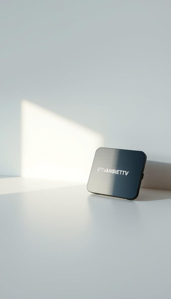 A modern, sleek IPTV device displaying the brand name "IPTVANBIETERTV" prominently on its matte black exterior. The device is positioned in the foreground, casting soft shadows on a minimalist white background. Subtle ambient lighting from the side creates gentle highlights, conveying a sense of premium quality and efficiency. The overall composition emphasizes the simplicity and reliability of the IPTV solution, inviting the viewer to consider its suitability for a seamless, cost-effective home entertainment experience.