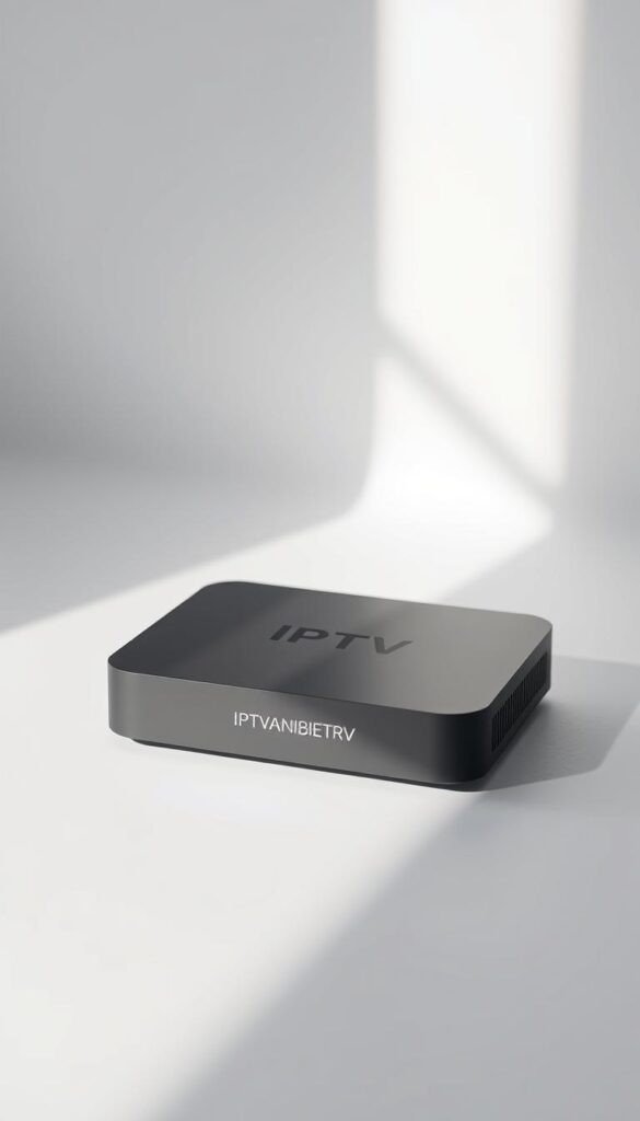 A modern, sleek IPTV device with a minimalist design, displaying the brand name "IPTVANBIETERTV" prominently. The device is set against a clean, white background, with subtle lighting casting soft shadows that accentuate its minimalist aesthetics. The overall scene conveys a sense of simplicity, efficiency, and technological advancement, reflecting the advantages of IPTV over traditional TV services.