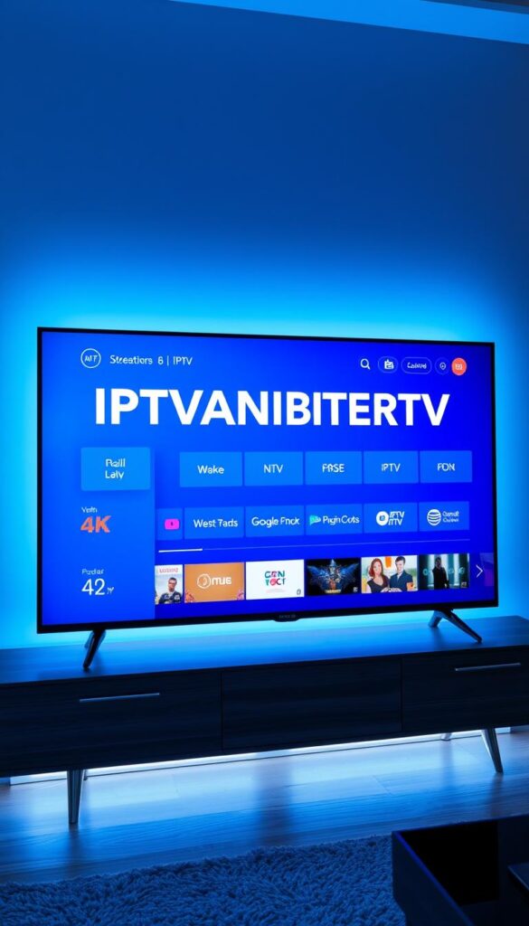 A modern, sleek IPTV interface on a 4K television screen, displaying the brand name "IPTVANBIETERTV" in a bold, minimalist design. The UI showcases various streaming channels, on-demand content, and intuitive navigation controls. The screen is bathed in a cool, blue-tinted lighting, creating a clean, futuristic atmosphere. The television is placed on a modern, wooden entertainment unit, with subtle ambient lighting behind it. The scene conveys the seamless integration of IPTV technology into a contemporary home setting.