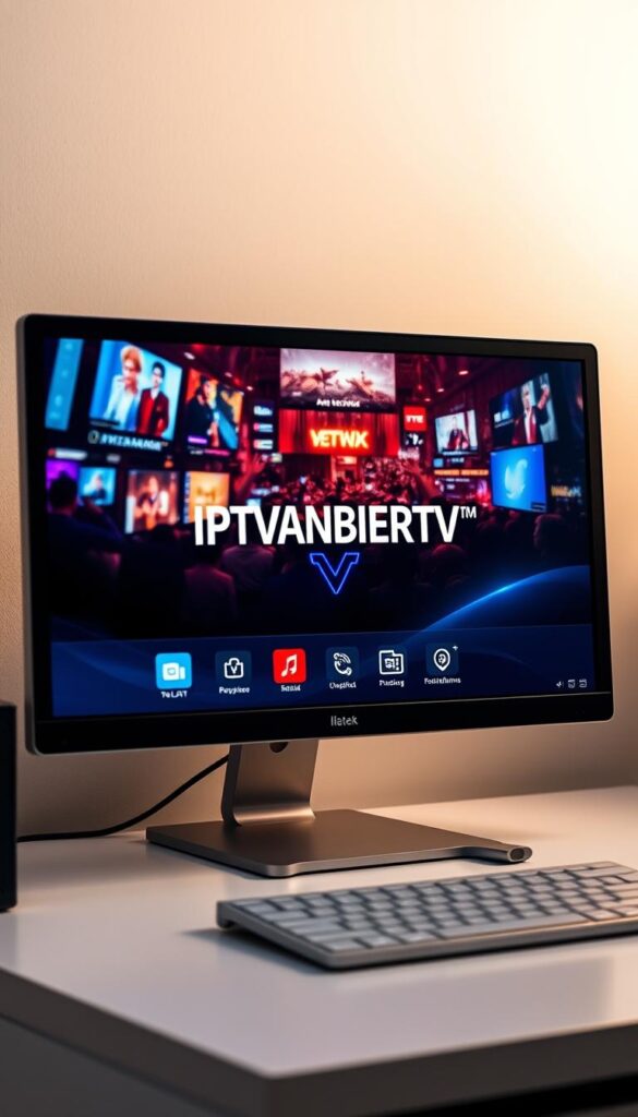 A modern, sleek IPTV player software interface on a Windows desktop computer. The player prominently displays the IPTVANBIETERTV brand logo in the center, surrounded by minimalist controls and visualizations. The screen shows a vibrant, high-definition live television feed in the background, immersing the user in a cinematic viewing experience. Soft, directional lighting creates depth and highlights the player's elegant design. The overall atmosphere is one of seamless technological integration and premium entertainment quality.