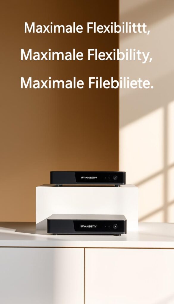 A modern, sleek IPTV receiver set against a minimalist, well-lit interior. The device, in a matte black finish, sits atop a clean, white surface, with a subtle IPTVANBIETERTV logo on the front panel. Soft, diffused lighting from above casts gentle shadows, highlighting the receiver's clean lines and simple, functional design. The scene conveys a sense of versatility and accessibility, reflecting the "Maximale Flexibilität" theme. The background is a neutral, warm-toned wall, allowing the device to take center stage and be the focal point of the image.