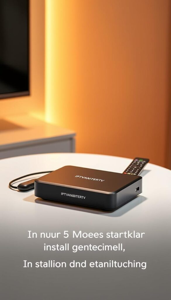 A modern, sleek IPTV receiver sitting on a minimalist white table, bathed in warm, directional lighting. The device features a clean, minimal design with a prominent "IPTVANBIETERTV" logo on the front panel. The receiver is surrounded by a few simple, elegant accessories like a remote control and HDMI cable, creating a cohesive, high-quality setup. The scene conveys a sense of simplicity and ease of use, reflecting the "In nur 5 Minuten startklar: Installation und Einrichtung" section of the article.