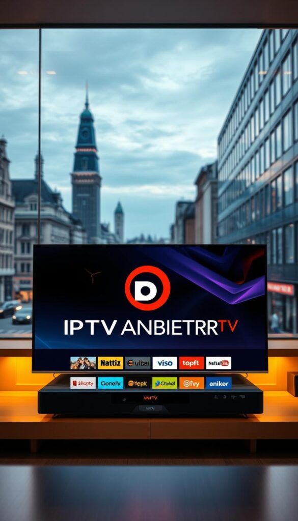 A modern, sleek IPTV service branded "IPTVANBIETERTV" displayed prominently in the foreground. The service's logo and key features are showcased against a backdrop of vibrant German cityscapes, capturing the essence of the best IPTV offering in the country. The image has a high-resolution, cinematic quality, with a sharp focus and warm, inviting lighting that highlights the service's cutting-edge technology and exceptional user experience. The overall composition conveys a sense of reliability, quality, and the service's leadership position in the German IPTV market.