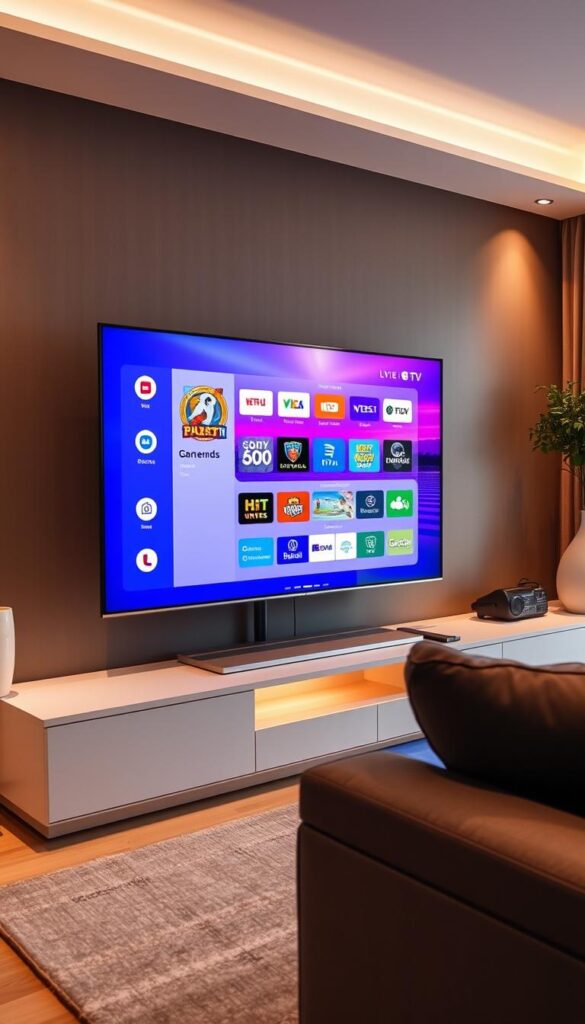 A modern, sleek IPTV service displayed on a large, high-resolution television screen. The screen shows a vibrant, seamless interface with a clean, minimalist design. The user interface features intuitive menus, smooth animations, and a visually appealing layout that showcases the wide range of live TV channels, on-demand content, and other features offered by IPTVANBIETERTV. The television is situated in a contemporary, well-lit living room setting, with warm, indirect lighting and neutral-toned decor that creates a cozy, inviting atmosphere. The overall scene conveys the reliable, user-friendly, and comprehensive nature of the IPTVANBIETERTV service.