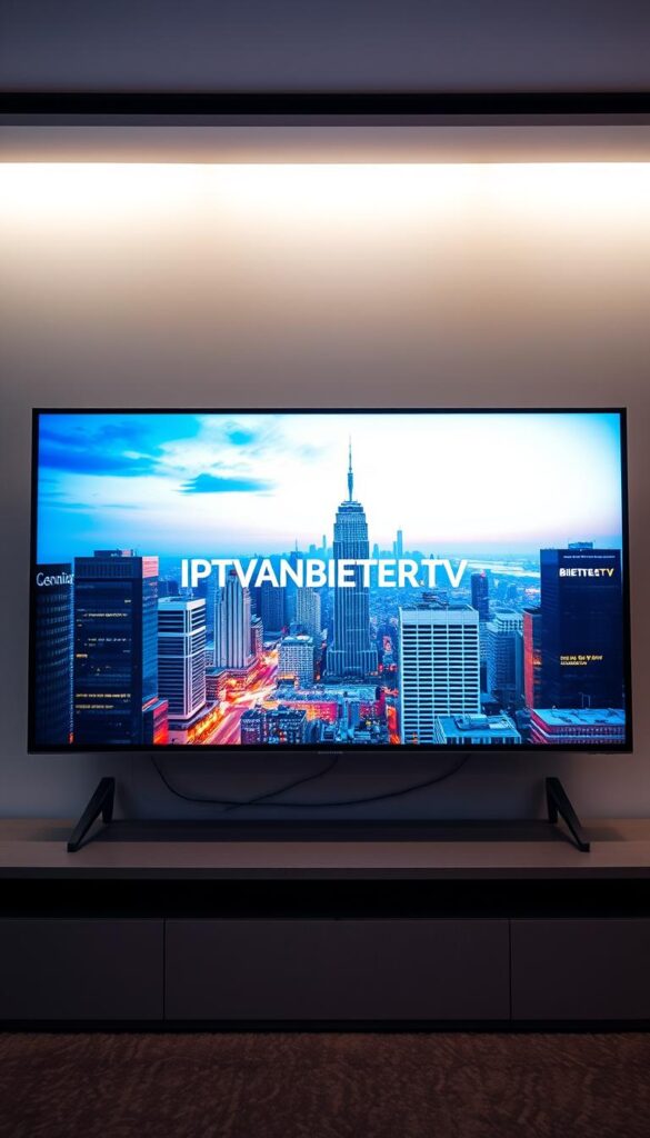 A modern, sleek IPTV service interface displayed on a high-resolution 4K television screen. The screen features the IPTVANBIETERTV brand prominently in the center, with a clean, minimalist design. The background showcases a vibrant, dynamic cityscape with skyscrapers and a bustling metropolitan atmosphere, creating a sense of urban sophistication. The lighting is soft and natural, with a warm, inviting color palette that enhances the premium, high-quality feel of the IPTV service. The overall composition conveys a sense of reliability, accessibility, and a hassle-free IPTV experience tailored for the German market.