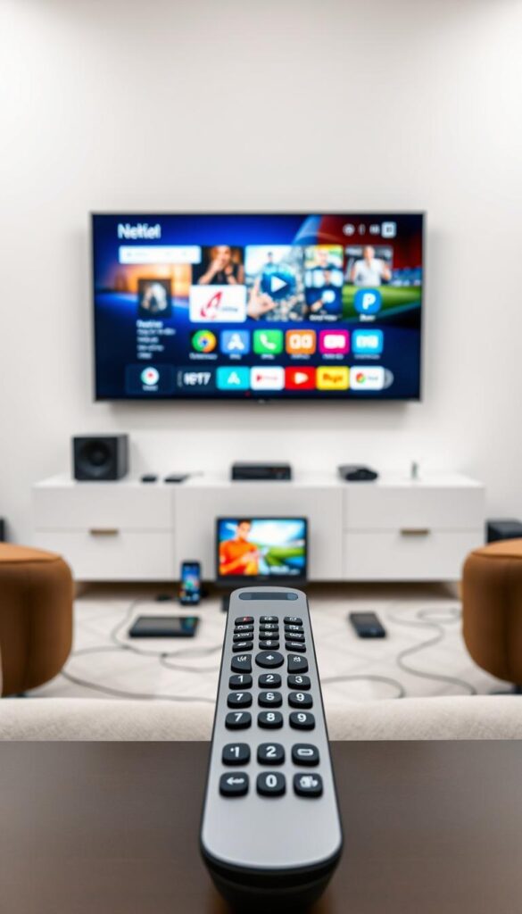A modern, sleek IPTV setup against a minimalist white backdrop, showcasing the key advantages over traditional TV services. A large, high-definition display takes center stage, showcasing crisp, vibrant visuals. In the foreground, a IPTVANBIETERTV remote control exemplifies the convenience of on-demand content and personalized viewing. The middle ground features various smart devices seamlessly connected, symbolizing the cross-platform integration of IPTV. The background subtly depicts the flexibility of IPTV, with wireless connectivity and the ability to access content from anywhere. The overall scene conveys a sense of technological sophistication, efficiency, and the future of television consumption.