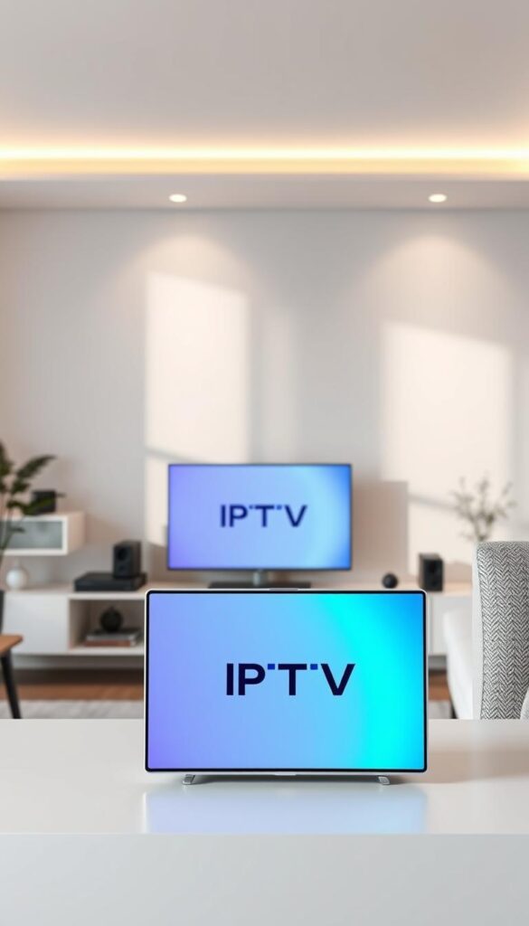 A modern, sleek IPTV setup featuring the "IPTVANBIETERTV" brand, showcased in a minimalist living room setting. Soft, diffused lighting illuminates the high-quality display, drawing the viewer's attention. The room has a neutral color palette, with clean lines and subtle textures, creating a calming and inviting atmosphere. The IPTV device is prominently displayed, its modern design complementing the overall aesthetic. The composition emphasizes the ease and convenience of IPTV, hinting at the growing popularity of this technology.