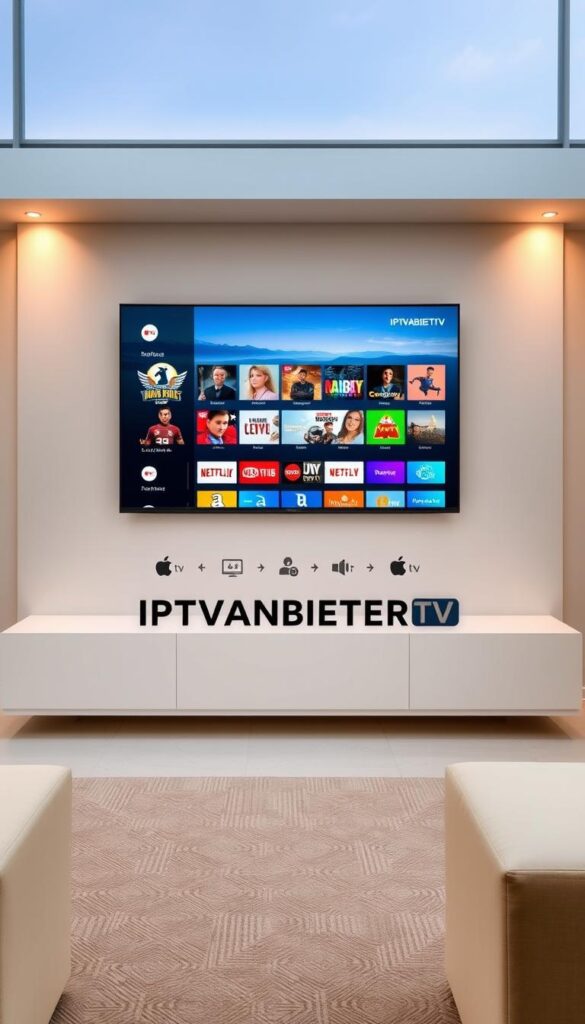 A modern, sleek IPTV streaming service with a minimalist user interface. A large, high-definition display in the center showcases a diverse selection of live TV channels and on-demand content. The foreground features the IPTVANBIETERTV brand name prominently displayed, conveying a sense of premium quality. The middle ground depicts various device icons, representing compatibility across smart TVs, smartphones, and tablets. The background portrays a cityscape skyline, hinting at the global reach and accessibility of the IPTV service. The overall scene is illuminated by warm, natural lighting, creating a welcoming and immersive viewing experience.