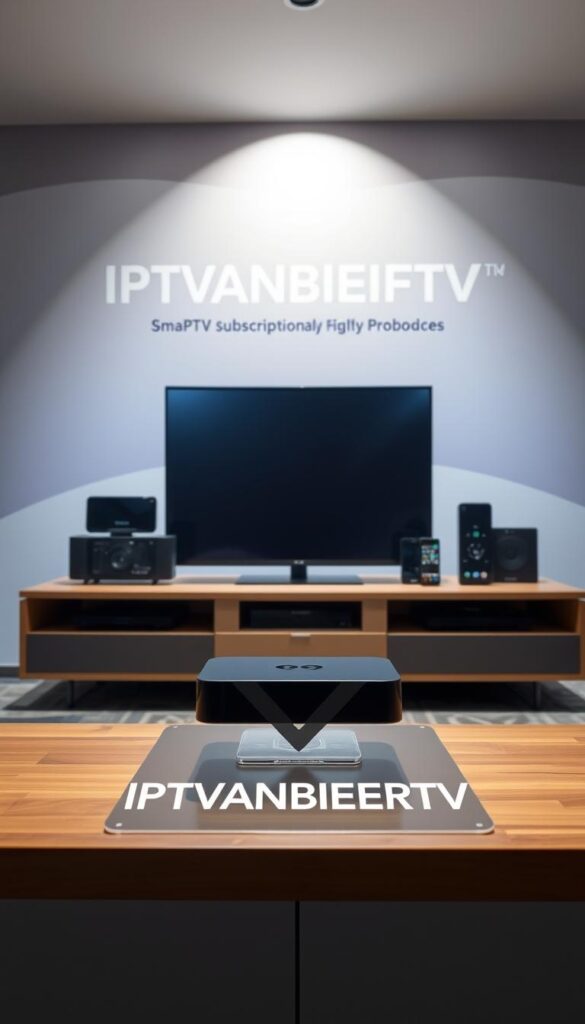 A modern, sleek IPTV subscription package with a sophisticated user interface. The foreground features the IPTVANBIETERTV logo presented in an elegant, minimalist design. The middle ground showcases various streaming devices compatible with the service, such as smart TVs, tablets, and smartphones, arranged in a visually appealing layout. The background depicts a subtle gradient or pattern, creating a sense of depth and sophistication. The overall scene conveys a premium, high-quality IPTV experience with a focus on the subscription options and pricing details. Lighting is soft and indirect, creating a warm, inviting atmosphere. The camera angle is slightly elevated, providing a balanced, professional perspective.
