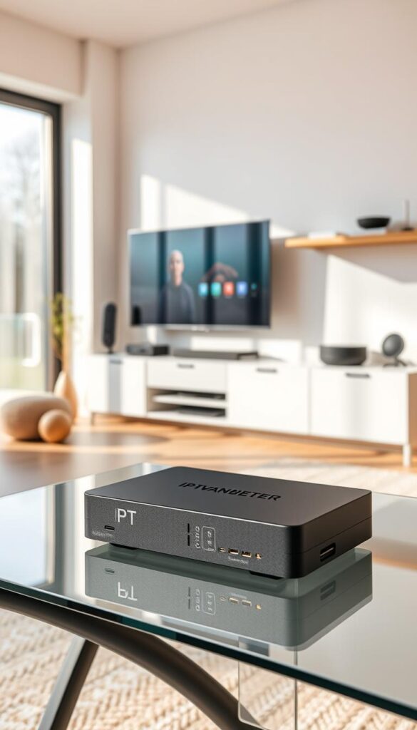 A modern, sleek IPTVANBIETERTV box sits prominently on a minimalist, glass-topped table, its clean lines and dark finish contrasting with the bright, airy room. Soft, diffused lighting from a large window casts a warm glow, highlighting the device's high-tech features. In the background, a minimalist entertainment center showcases various smart home devices, creating a sense of a cohesive, tech-savvy living space. The overall atmosphere is one of sophistication and seamless integration of cutting-edge technology into the home environment. A modern, sleek IPTVANBIETERTV box sits prominently on a minimalist, glass-topped table, its clean lines and dark finish contrasting with the bright, airy room. Soft, diffused lighting from a large window casts a warm glow, highlighting the device's high-tech features. In the background, a minimalist entertainment center showcases various smart home devices, creating a sense of a cohesive, tech-savvy living space. The overall atmosphere is one of sophistication and seamless integration of cutting-edge technology into the home environment.