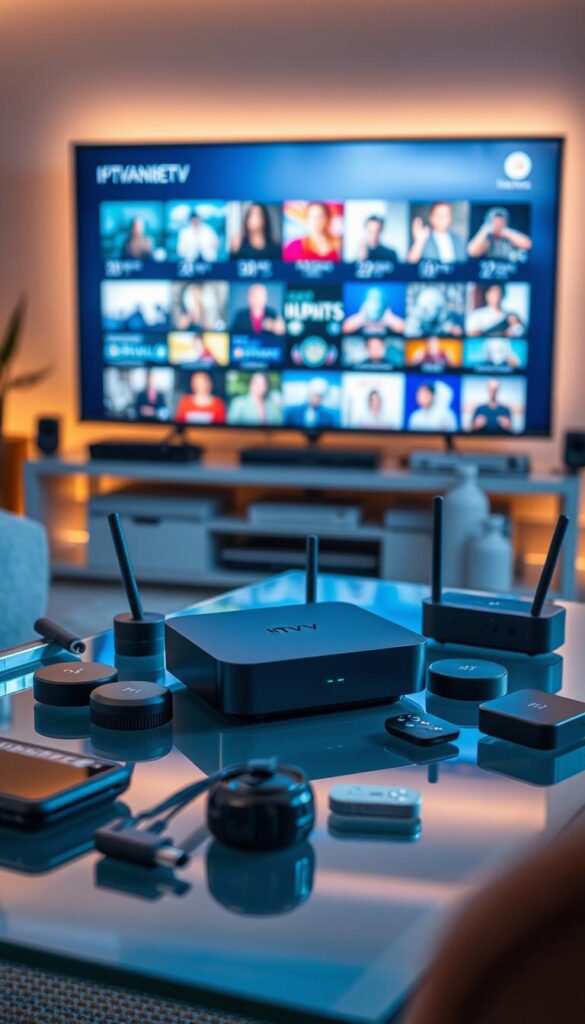 A modern, sleek IPTVANBIETERTV device rests on a minimalist glass table, surrounded by a range of smart home gadgets and wireless accessories. The scene is bathed in warm, ambient lighting, creating a cozy, inviting atmosphere. In the background, a large, high-definition TV screen displays a variety of content, showcasing the device's multidevice support and seamless integration. The overall composition emphasizes the convenience and versatility of the IPTVANBIETERTV service, allowing users to enjoy their favorite TV programs on any device, anywhere.