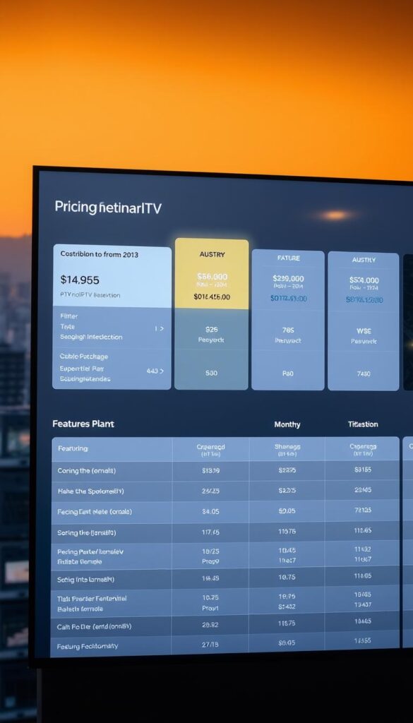 A modern, sleek IPTVANBIETERTV display showcasing their pricing models and subscription plans for the Austrian market. The interface features a clean, minimalist design with crisp typography and intuitive navigation. Prominently featured are the various package options, monthly costs, and feature comparisons, presented in a visually appealing grid layout. The background has a subtle, blurred city skyline, conveying a sense of urban sophistication. Warm, directional lighting from the top-left creates depth and highlights the key information. The overall tone is professional, informative, and designed to provide a seamless user experience for potential IPTV customers in Austria.
