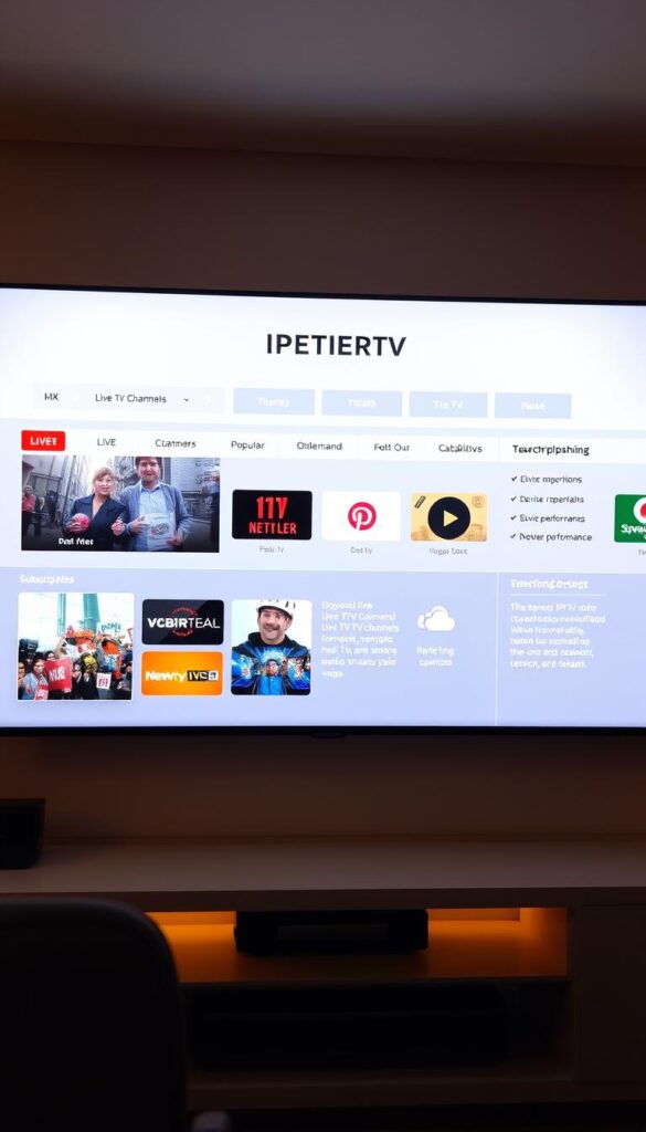 A modern, sleek IPTVANBIETERTV display showcasing various IPTV service features and capabilities. The interface features a clean, minimalist design with high-contrast typography and intuitive iconography. The display is bathed in a soft, warm lighting that creates a cozy, inviting atmosphere. In the foreground, a grid of thumbnails highlights popular live TV channels, on-demand content, and streaming app integrations. The middle ground features detailed information about subscription plans, device compatibility, and network performance. In the background, a subtle pattern or texture evokes a sense of technological sophistication. The overall composition conveys the reliability, versatility, and user-friendliness of the IPTVANBIETERTV platform.
