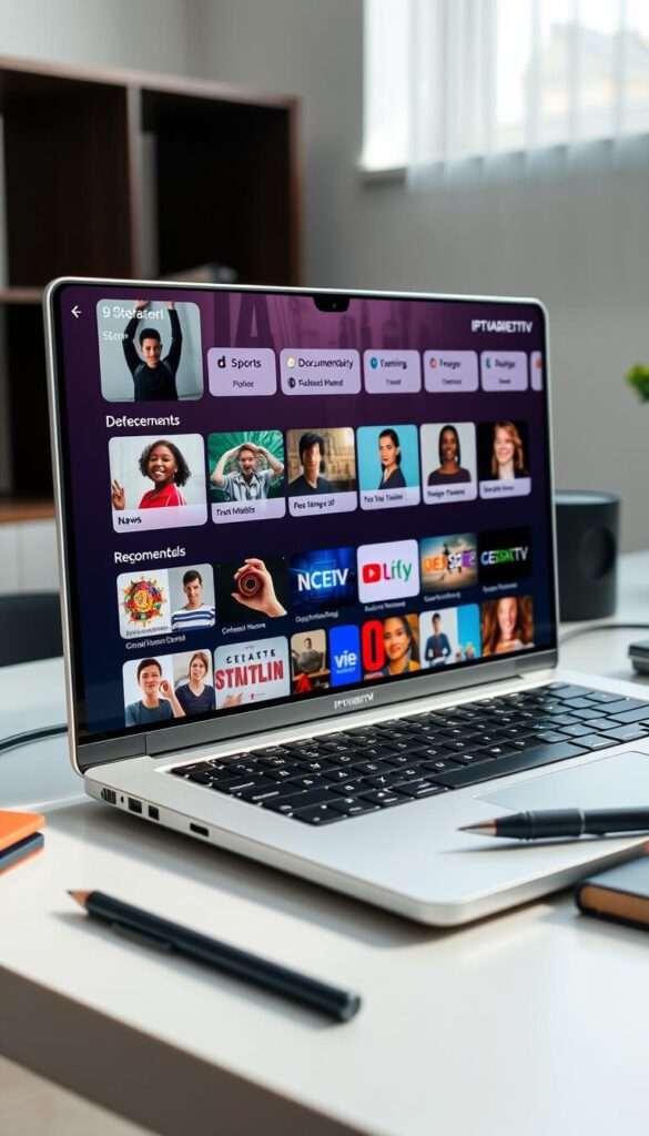 A modern, sleek IPTVANBIETERTV interface displayed on a laptop screen, showcasing a wide variety of on-demand and live TV channels catered to student interests, including news, sports, movies, documentaries, and educational content. The display is well-organized, with intuitive navigation and personalized recommendations. The lighting is soft and natural, creating a comfortable, inviting atmosphere. The laptop is positioned on a minimalist desk, surrounded by essential study materials, conveying a productive, yet relaxed student environment.