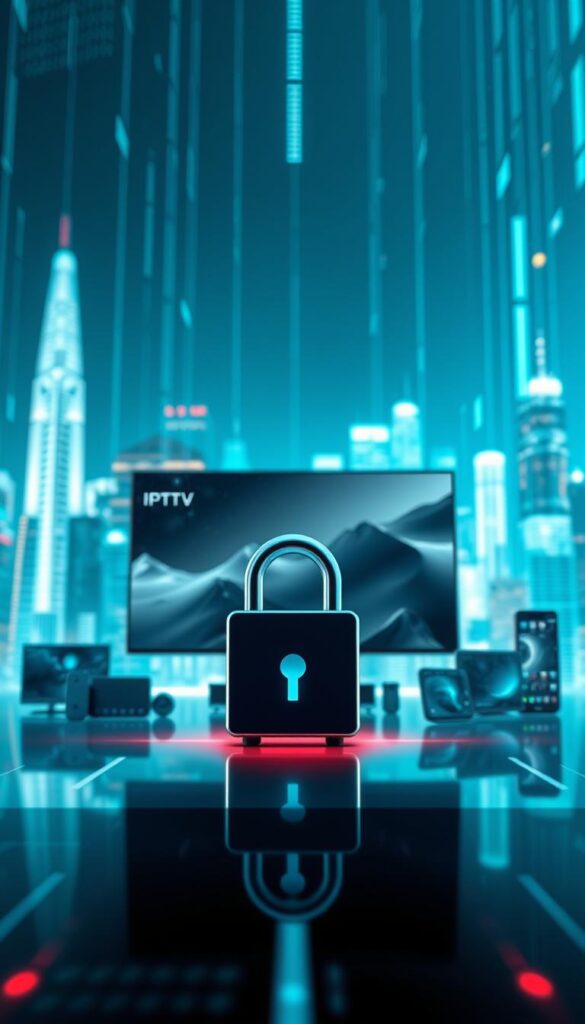 A modern, sleek IPTVANBIETERTV interface showcasing cutting-edge IPTV technology, set against a backdrop of futuristic cityscape and glowing data streams. In the foreground, a security lock icon symbolizes the importance of secure IPTV delivery, while the middle ground features an array of IPTV devices, from smart TVs to mobile phones, highlighting the versatility of the platform. The lighting is clean and cool, with a subtle blue-green hue, creating a sense of technological sophistication. The overall mood is one of innovation, progress, and the seamless integration of IPTV into the digital landscape of the future.
