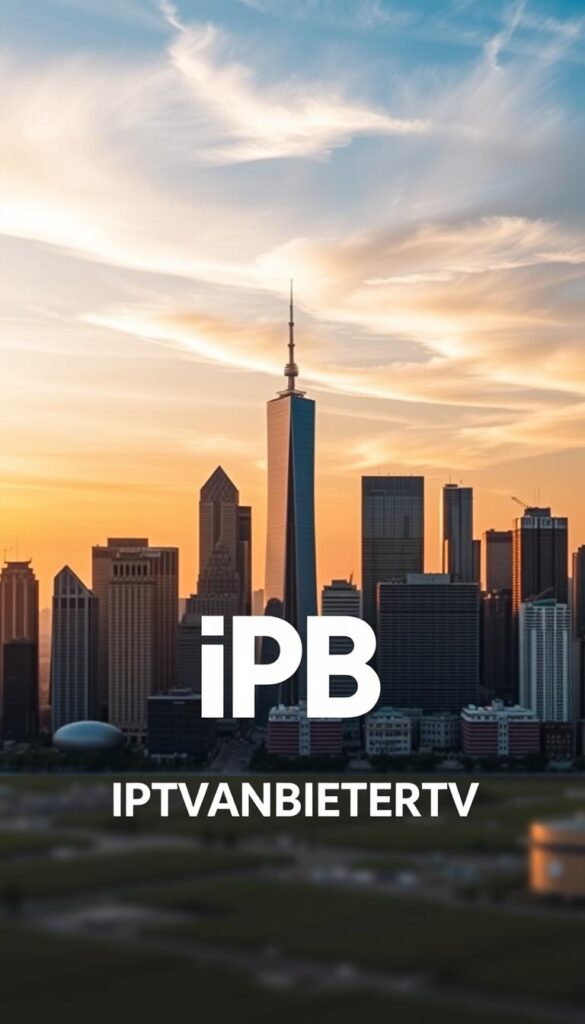 A modern, sleek IPTVANBIETERTV logo set against a backdrop of a vibrant, dynamic city skyline. The logo is prominently displayed in the foreground, with clean, bold typography and a distinct color palette that immediately conveys the brand's professionalism and authority. In the middle ground, towering skyscrapers and high-rise buildings stretch towards the sky, creating a sense of urban energy and progress. The background features a softly-lit, golden hour sky, with wispy clouds drifting overhead, lending a warm and inviting atmosphere. The overall composition conveys the idea of IPTVANBIETERTV as a leading, forward-thinking IPTV provider at the heart of a thriving, modern metropolis.