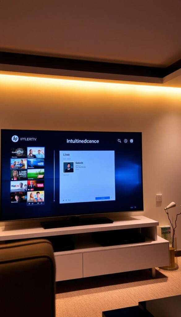 A modern, sleek IPTVANBIETERTV media center interface, prominently displaying the intuitive recording function. The screen shows a visually appealing grid layout of available live TV channels, with a large central panel showcasing the current recording in progress. Soft, indirect lighting creates a warm, inviting atmosphere, while strategic camera angles highlight the interface's clean, minimalist design. The overall impression conveys the effortless user experience of scheduling and managing recordings on IPTVANBIETERTV.