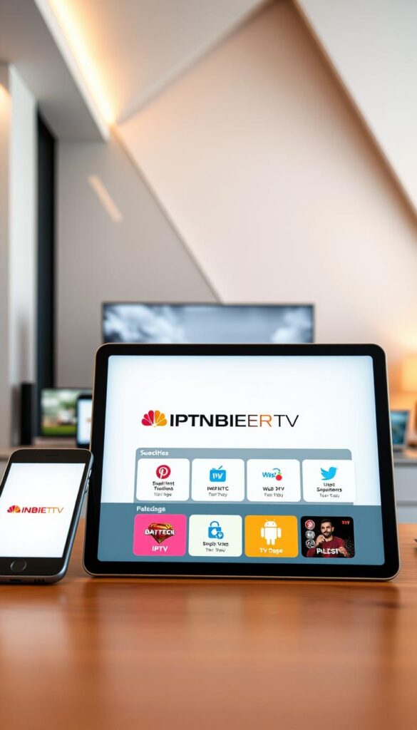 A modern, sleek IPTVANBIETERTV platform showcasing flexible IPTV services without subscription requirements. The interface features a minimalist, user-friendly design with clean lines and a subtle color palette, conveying a sense of professionalism and reliability. In the foreground, a tablet or mobile device displays the IPTVANBIETERTV logo and various IPTV package options, highlighted by warm, directional lighting. The middle ground features additional devices like smartphones and laptops, emphasizing the versatility and accessibility of the IPTV services. The background depicts a contemporary, stylish office or home environment, with neutral tones and geometric architectural elements to create a sophisticated, high-tech ambiance.