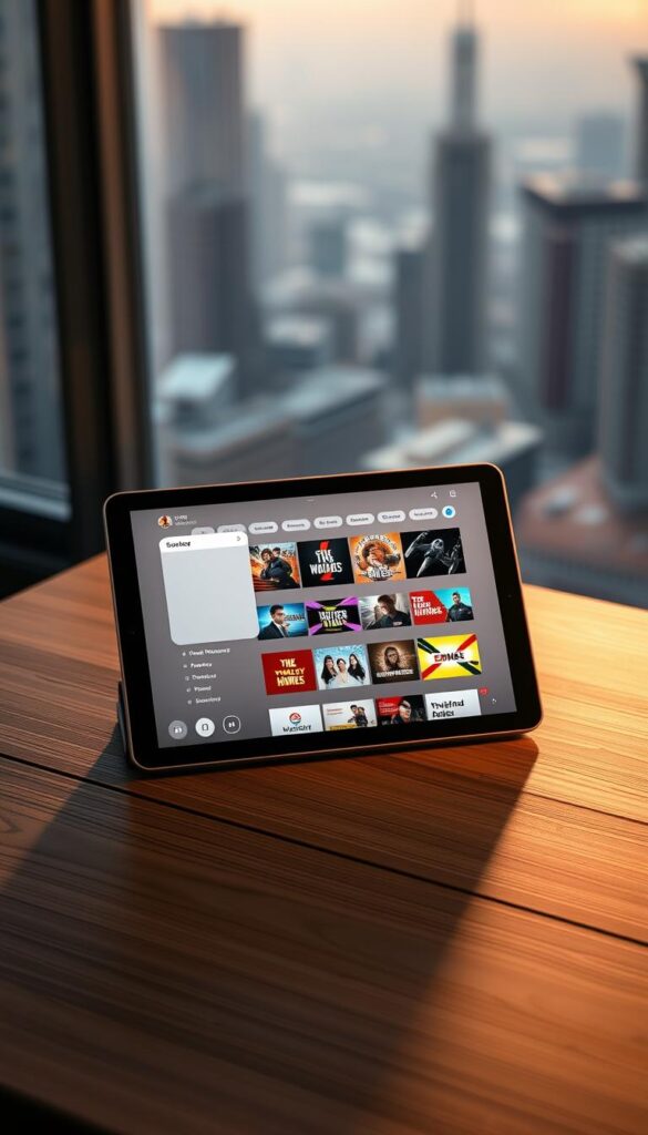 A modern, sleek IPTVANBIETERTV streaming service app displayed on a high-resolution tablet device. The app interface showcases a clean, minimalist design with intuitive navigation menus, colorful program thumbnails, and an immersive video player. The tablet is positioned on a minimalist wooden desk, bathed in warm, directional lighting that casts subtle shadows. The background is a blurred, out-of-focus cityscape, hinting at the global connectivity of the IPTV service. The overall scene conveys a sense of technological sophistication, user-friendliness, and the future of on-demand video entertainment.