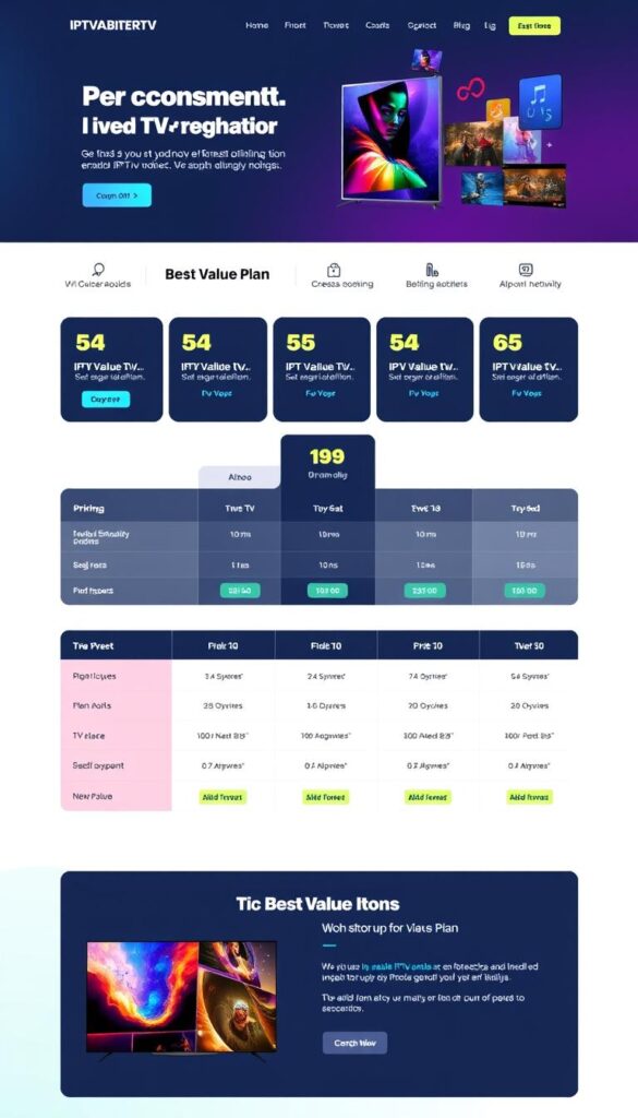 A modern, sleek IPTVANBIETERTV website homepage layout showcasing various IPTV service plan options with clear pricing details, high-quality icons, and intuitive user interface. The layout is organized with a prominent hero section highlighting the best value plan, followed by a middle section displaying a comparison grid of different plan tiers, and a background section with subtle branded graphics. The overall design conveys a sense of professionalism, reliability, and affordability to appeal to a wide range of IPTV consumers.
