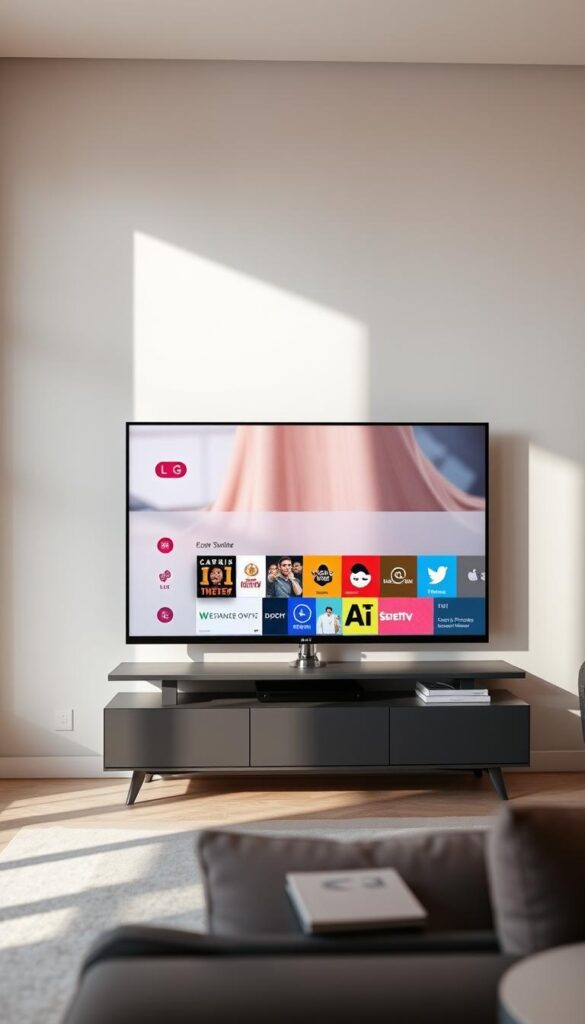 A modern, sleek LG television set prominently displayed in a minimalist living room setting. The screen displays the IPTVANBIETERTV app interface, showcasing its user-friendly design and intuitive navigation. Soft, natural lighting illuminates the scene, creating a warm and inviting atmosphere. The television is positioned on a modern, low-profile entertainment unit, complemented by subtle, contemporary decor elements. The overall composition emphasizes the seamless integration of technology and home design, highlighting the IPTVANBIETERTV app as the perfect solution for LG television owners seeking a comprehensive IPTV experience.