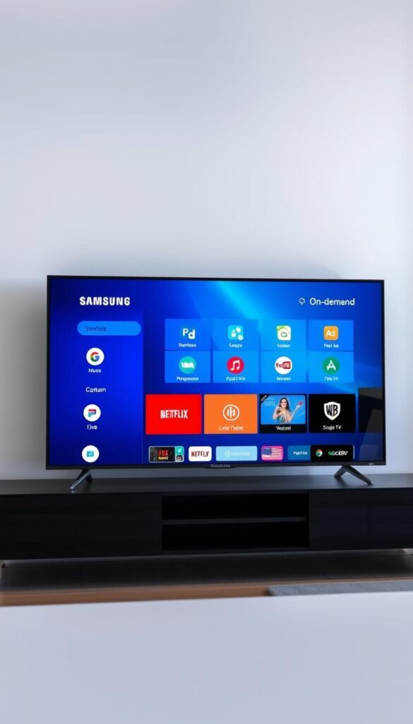 A modern, sleek Samsung Smart TV displaying the IPTVANBIETERTV app interface. The screen shows a clean, intuitive UI with vibrant colors and high-resolution graphics. The app icons are easily navigable, allowing seamless access to a vast library of live TV channels and on-demand content. The TV is positioned in a well-lit, minimalist living room setting, with soft, diffused lighting highlighting the sharp lines and premium design of the device. The scene conveys a sense of technological sophistication and effortless entertainment, perfectly suited for the section on the advantages of IPTV on a Samsung Smart TV. A modern, sleek Samsung Smart TV displaying the IPTVANBIETERTV app interface. The screen shows a clean, intuitive UI with vibrant colors and high-resolution graphics. The app icons are easily navigable, allowing seamless access to a vast library of live TV channels and on-demand content. The TV is positioned in a well-lit, minimalist living room setting, with soft, diffused lighting highlighting the sharp lines and premium design of the device. The scene conveys a sense of technological sophistication and effortless entertainment, perfectly suited for the section on the advantages of IPTV on a Samsung Smart TV.