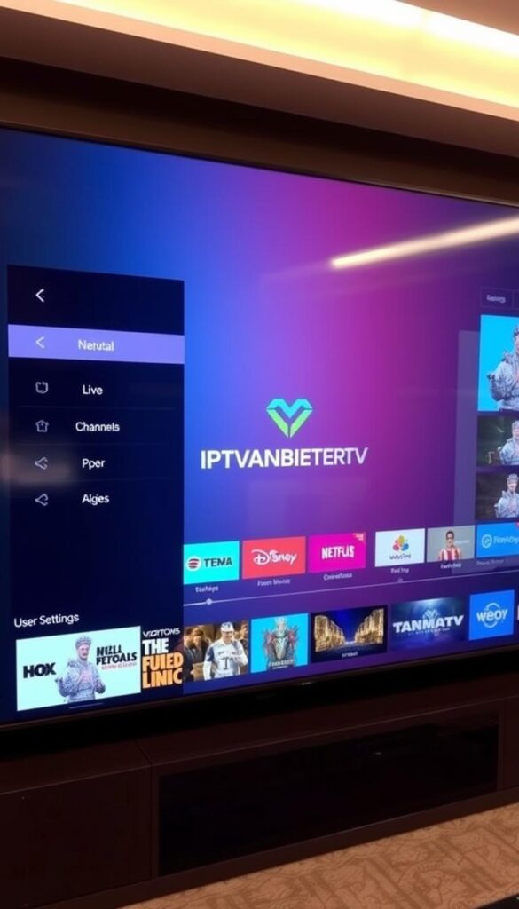 A modern, sleek Smart IPTV app interface displayed on a large, high-resolution screen. The app features a clean, minimalist design with a dark theme and bold, vibrant colors. The main menu offers a range of options, including live TV channels, on-demand content, and user settings. In the center, a prominent IPTVANBIETERTV logo stands out, indicating the app's brand identity. The screen is well-lit, with soft, indirect lighting creating a warm and inviting atmosphere. The overall presentation conveys a sense of sophistication and technological advancement, suitable for a high-quality IPTV service. A modern, sleek Smart IPTV app interface displayed on a large, high-resolution screen. The app features a clean, minimalist design with a dark theme and bold, vibrant colors. The main menu offers a range of options, including live TV channels, on-demand content, and user settings. In the center, a prominent IPTVANBIETERTV logo stands out, indicating the app's brand identity. The screen is well-lit, with soft, indirect lighting creating a warm and inviting atmosphere. The overall presentation conveys a sense of sophistication and technological advancement, suitable for a high-quality IPTV service.