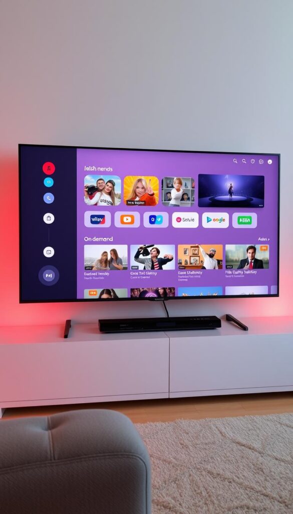 A modern, sleek TV app interface displaying a user-friendly dashboard for an IPTVANBIETERTV service. The layout features intuitive menus, high-quality channel thumbnails, and smooth navigation controls. Soft lighting illuminates the app's clean, minimalist design, creating a warm, inviting atmosphere. The interface showcases a range of live TV channels, on-demand content, and customizable settings, all optimized for an effortless IPTV viewing experience. The app's responsive layout adapts seamlessly across various device screens, providing a consistent and enjoyable user experience.