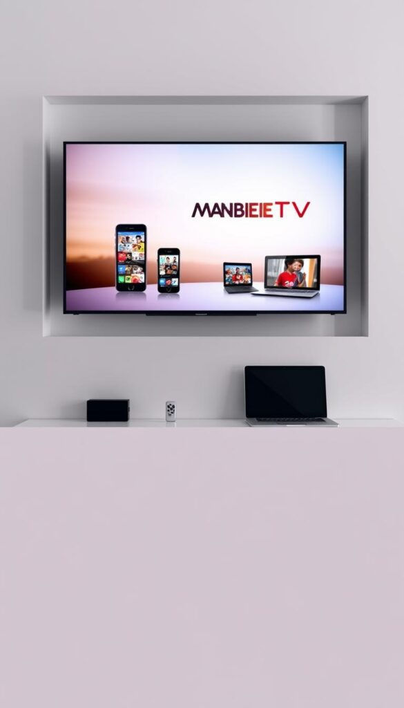 A modern, sleek TV display showcasing the versatility of IPTVANBIETERTV. The screen depicts a range of compatible devices - a smart TV, smartphone, tablet, and laptop - seamlessly accessing live TV channels and on-demand content, all without any monthly subscription fees. The display is well-lit, with a clean, minimalist aesthetic that emphasizes the ease of use and accessibility of the IPTVANBIETERTV service. The background features a subtle gradient, adding depth and drawing the viewer's focus to the central display. The overall composition conveys a sense of technological sophistication and the freedom of enjoying premium television entertainment on multiple devices.