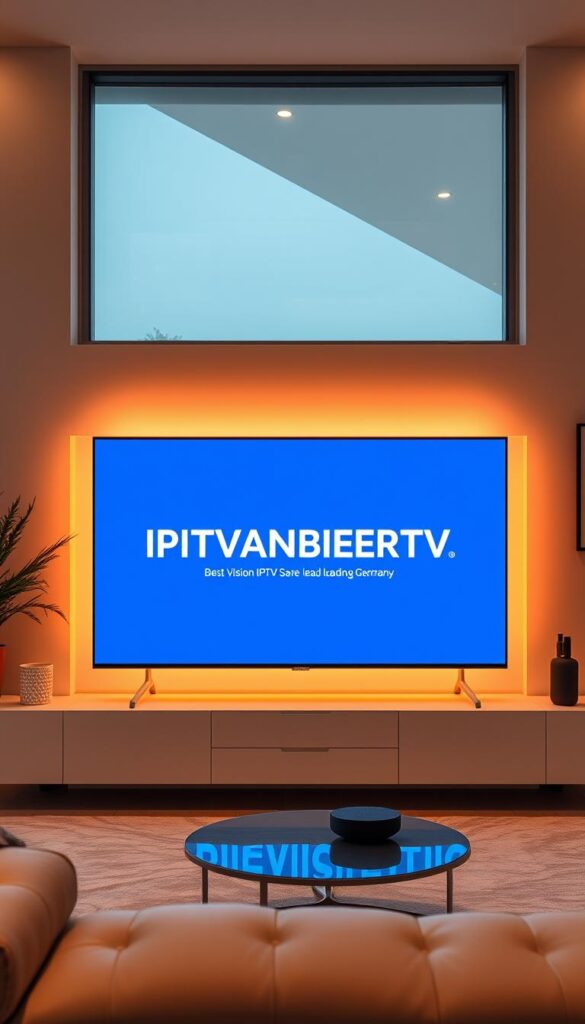 A modern, sleek TV displaying the IPTVANBIETERTV brand logo, surrounded by a minimalist living room setting. Warm, ambient lighting casts a soft glow, highlighting the high-quality display. The TV is the focal point, showcasing sharp, vibrant visuals. The room features clean lines, neutral tones, and subtle decor, creating a sophisticated, inviting atmosphere. A large window in the background offers a scenic view, blending the indoors and outdoors. The overall scene conveys a sense of comfort, technology, and premium quality - reflecting the "Best Vision IPTV" service as the leading provider in Germany.