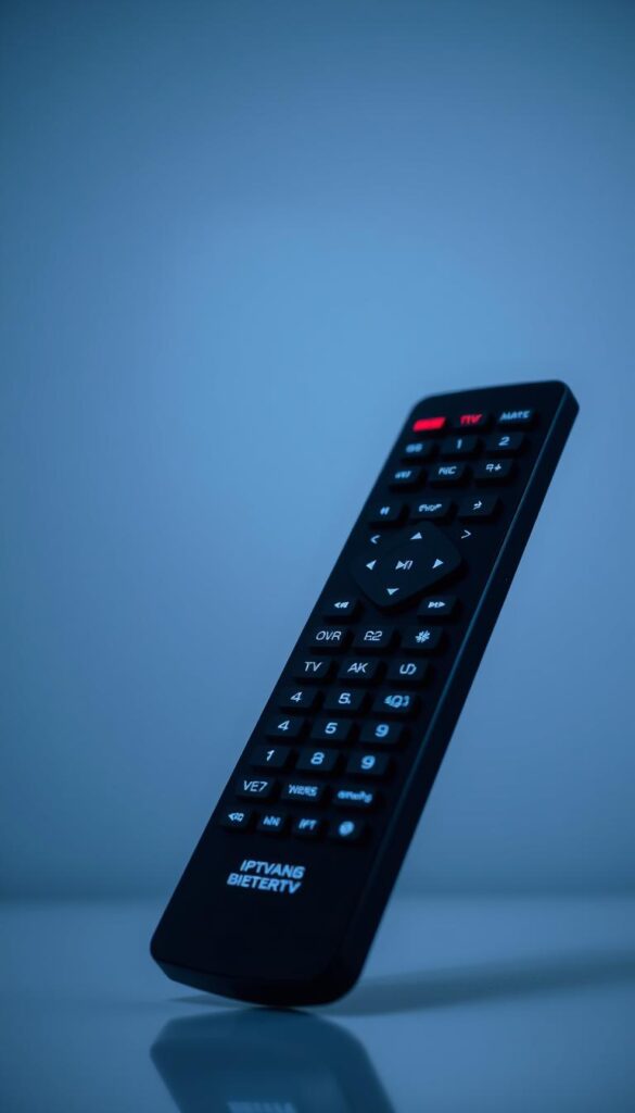 A modern, sleek TV remote control set against a clean, minimalist background. The remote features the IPTVANBIETERTV brand name prominently displayed, with a grid of buttons representing the extensive IPTV programming package available. The buttons are backlit, creating a subtle glow that illuminates the array of channel options. The remote is captured from a slightly low angle, giving it a sense of authority and importance, reflecting the comprehensive nature of the IPTV offering. The lighting is soft and even, with a hint of dramatic shadow to add depth and dimension. The overall aesthetic is one of sophistication, technology, and the promise of endless entertainment options.