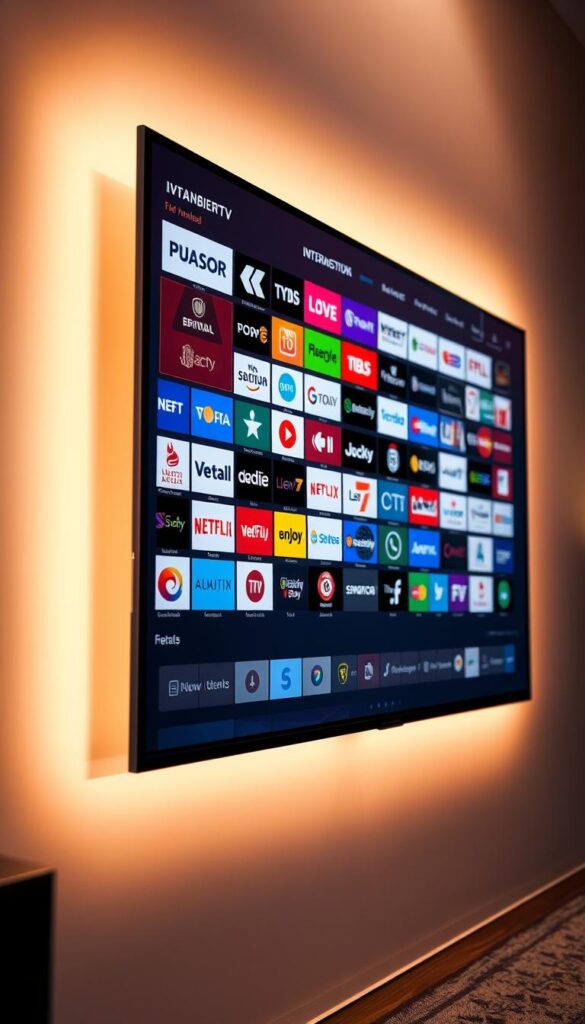 A modern, sleek TV screen displaying a vast array of international TV channels from IPTVANBIETERTV, Germany's premier IPTV provider. The screen is highlighted by warm, soft lighting, creating a cozy, cinematic atmosphere. The channel logos and program information are crisp and vibrant, showcasing the comprehensive selection of entertainment options. In the background, a subtle gradient fades into a minimalist, elegant design, emphasizing the sophisticated and user-friendly nature of the IPTVANBIETERTV service. The overall composition conveys the abundance of content and the convenience of accessing it through a reliable, high-quality IPTV platform.