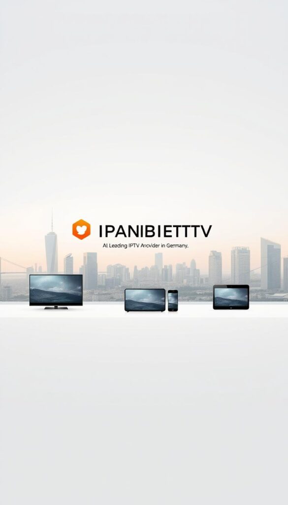 A modern, sleek and minimalist digital landscape showcasing the "IPTVANBIETERTV" brand as the leading IPTV provider in Germany. In the foreground, a stylized logo and icon set float above a clean white background, conveying a sense of professionalism and reliability. The middle ground features a series of high-quality device mockups, including smart TVs, smartphones and tablets, highlighting the platform's multi-device compatibility. In the background, a muted cityscape skyline sets the scene, representing the nationwide reach and coverage of the IPTV service. The overall mood is one of sophistication, innovation and consumer-focused service, capturing the essence of "IPTVANBIETERTV" as the premier IPTV solution for the German market.