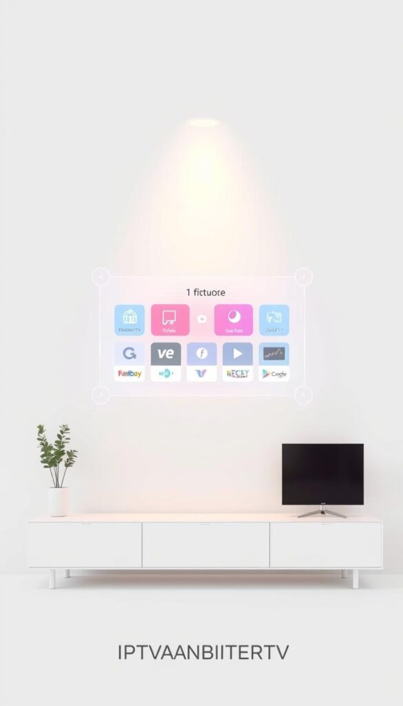 A modern, sleek, and minimalist illustration of "de IPTV-Pak und -Angbote" showcasing the IPTVANBIETERTV brand. Set against a clean, white background, the image features a floating, holographic-like display of various IPTV packages and offers, rendered in a soft, hazy color palette. The display is suspended in mid-air, creating a sense of technological sophistication and ease of access. Subtle lighting from above casts a warm, inviting glow, conveying a sense of simplicity and user-friendliness. The overall composition is balanced and visually appealing, designed to capture the essence of starting IPTV without registration.
