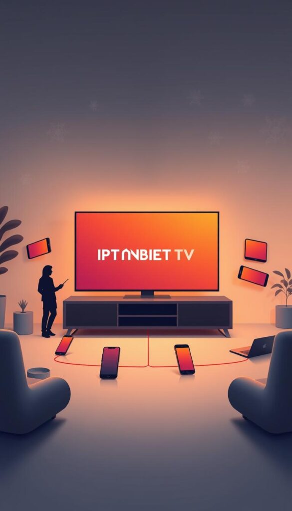 A modern, sleek, and minimalist illustration showcasing the IPTVANBIETERTV multi-device support. A central device, such as a smart TV or tablet, displays the IPTVANBIETERTV interface prominently, surrounded by smaller device silhouettes like smartphones and laptops, all connected and synced seamlessly. The scene is bathed in a soft, warm lighting, creating a cozy and inviting atmosphere. The background features subtle gradients or patterns, providing depth and sophistication without distracting from the main focus. The overall composition emphasizes the versatility and convenience of IPTVANBIETERTV, catering to the needs of a tech-savvy, modern audience.