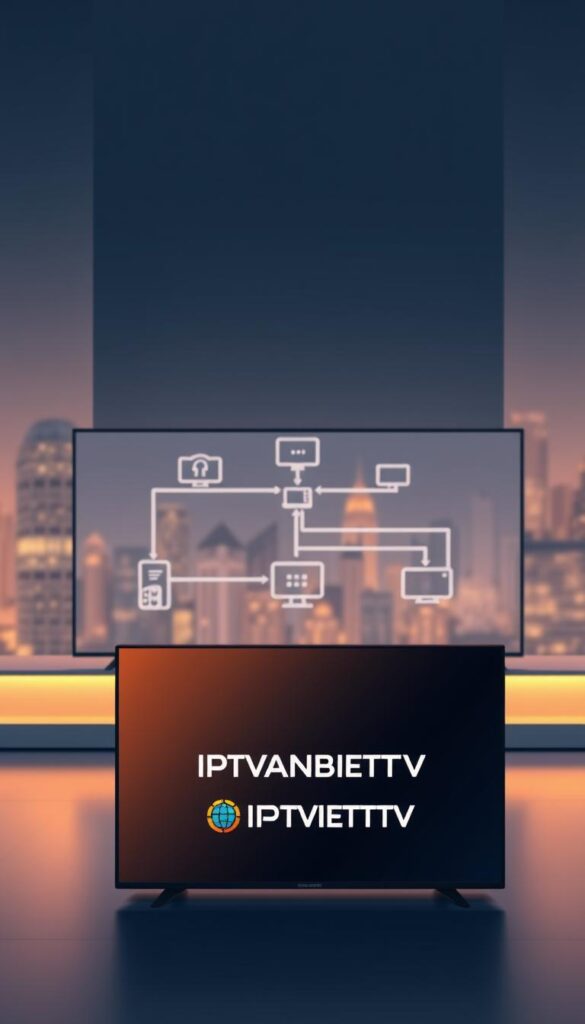 A modern, sleek, and minimalist illustration showcasing the key components of IPTV technology. In the foreground, a stylized IPTVANBIETERTV logo elegantly displayed on a high-resolution screen, its crisp lines and vivid colors accentuated by subtle, warm lighting. In the middle ground, a simplified diagram depicts the flow of digital content, from the internet service provider to the user's device, highlighting the seamless integration of streaming media and traditional TV. The background features a soft, blurred cityscape, hinting at the ubiquity and connectivity of IPTV in the modern urban landscape. The overall composition conveys a sense of innovation, efficiency, and the future of home entertainment. A modern, sleek, and minimalist illustration showcasing the key components of IPTV technology. In the foreground, a stylized IPTVANBIETERTV logo elegantly displayed on a high-resolution screen, its crisp lines and vivid colors accentuated by subtle, warm lighting. In the middle ground, a simplified diagram depicts the flow of digital content, from the internet service provider to the user's device, highlighting the seamless integration of streaming media and traditional TV. The background features a soft, blurred cityscape, hinting at the ubiquity and connectivity of IPTV in the modern urban landscape. The overall composition conveys a sense of innovation, efficiency, and the future of home entertainment.