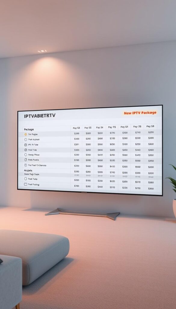 A modern, sleek, and minimalist visual representation of IPTV tariffs and pricing from IPTVANBIETERTV. The scene features a large, high-resolution display showcasing a clean, well-organized table of IPTV package options, subscription plans, and associated costs. The layout is balanced, with sufficient whitespace and intuitive iconography to highlight key details. Soft, directional lighting from the top left casts a warm, professional glow, while the background is a subtle, muted gradient that allows the pricing information to take center stage. The overall impression is one of clarity, transparency, and a focus on providing the viewer with a comprehensive overview of IPTVANBIETERTV's IPTV tariff structure.