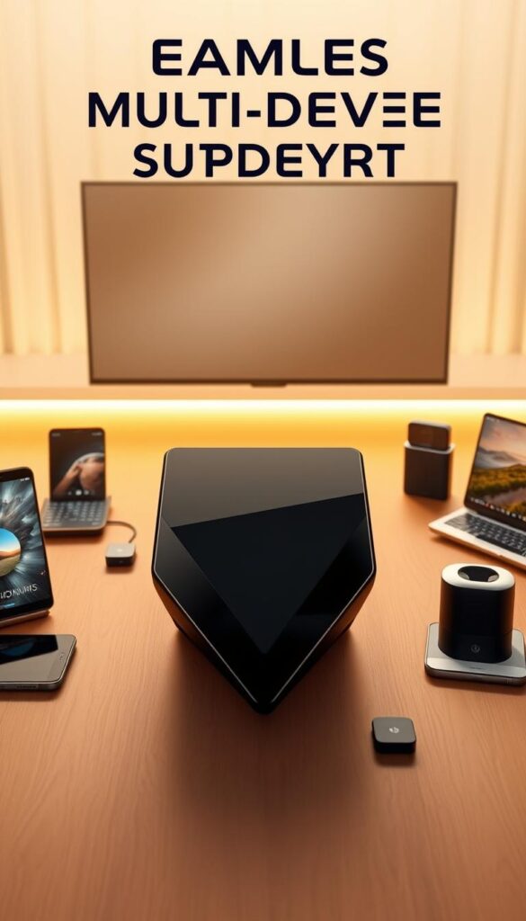A modern, sleek and sophisticated digital device showcasing seamless multi-device support. The device features a clean, minimalist design with sharp lines and a glossy, high-tech appearance. It is surrounded by a range of complementary devices including smartphones, tablets, laptops, and smart home accessories, all connected and integrated through the IPTVANBIETERTV platform. The scene is bathed in warm, soft lighting, creating a sense of harmony and interconnectedness. The overall atmosphere conveys the idea of effortless, boundless flexibility and the power of a unified, cross-device experience.