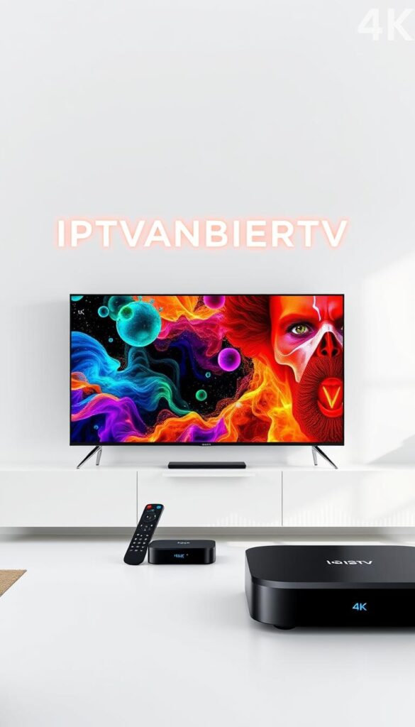 A modern, sleek and visually captivating 4K IPTV service offering from the leading provider IPTVANBIETERTV. Set against a minimalist white background, the image showcases the IPTVANBIETERTV brand logo in a striking bold font, illuminated by soft, directional lighting that accentuates its premium aesthetic. In the foreground, a high-resolution 4K television display presents vivid, vibrant imagery, conveying the exceptional visual quality of the IPTV service. The middle ground features modern, streamlined media control devices, such as a remote control and streaming box, highlighting the user-friendly nature of the IPTVANBIETERTV platform. The background subtly incorporates technical elements like circuit boards and digital waveforms, alluding to the advanced, cutting-edge technology powering the 4K IPTV experience.