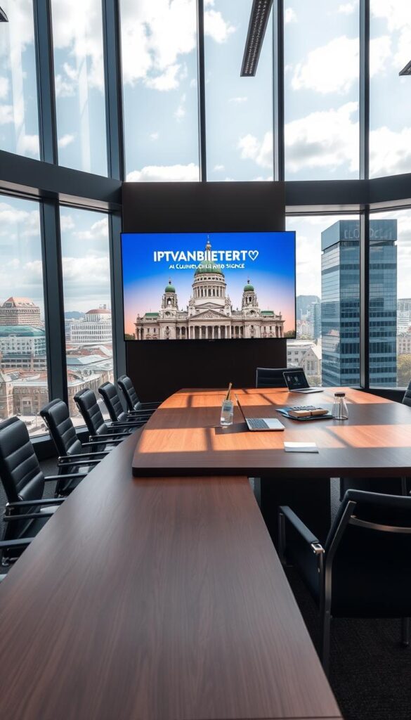 A modern, sleek, and well-designed office interior with large windows overlooking the skyline of Warschau. The room is filled with natural light, creating a warm and inviting atmosphere. In the foreground, a stylish wooden conference table is surrounded by comfortable office chairs, all arranged neatly. On the table, a laptop and various office supplies are placed, suggesting a productive workspace. The middle ground features a large, flat-screen display mounted on the wall, showcasing the IPTVANBIETERTV brand and its service offerings. The background showcases the iconic architecture of Warschau, including the Palace of Culture and Science, creating a sense of place and context. The overall scene conveys a professional, high-quality, and customer-focused image of IPTVANBIETERTV's service and support.