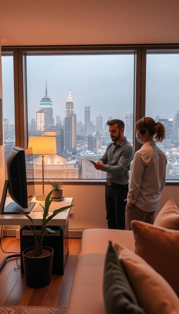 A modern, sleek, and well-designed workspace showcasing the IPTVANBIETERTV brand. The scene features a minimalist desk with a high-end desktop computer, a stylish lamp, and a potted plant, all set against a backdrop of a large window overlooking a bustling city skyline. The lighting is warm and natural, creating a cozy and inviting atmosphere. In the foreground, a customer service representative is assisting a client with the IPTVANBIETERTV setup, demonstrating the brand's commitment to technical support and customer satisfaction. The overall impression conveys the reliability, professionalism, and attention to detail that IPTVANBIETERTV brings to its IPTV services.