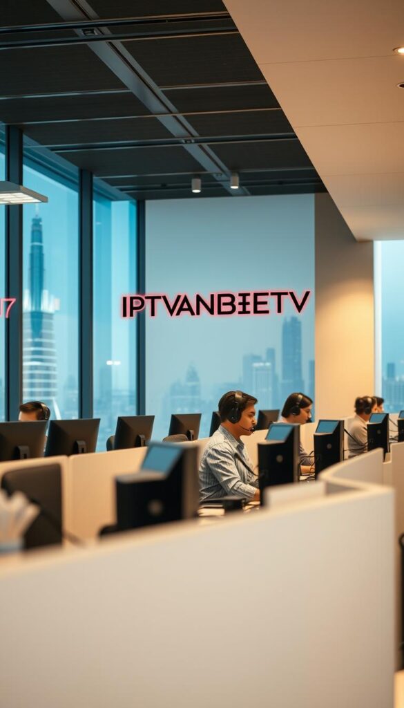 A modern, sleek call center with rows of professional service agents in headsets, working diligently to assist customers with IPTVANBIETERTV's reliable IPTV services. The office space is bright and airy, with large windows overlooking a bustling city skyline. Soft, warm lighting illuminates the workspace, creating a calm and efficient atmosphere. The agents are attentive and helpful, using state-of-the-art technology to quickly resolve customer inquiries. In the background, the IPTVANBIETERTV logo is prominently displayed, conveying the brand's commitment to quality and customer satisfaction. The overall scene exudes a sense of professionalism, reliability, and 24/7 availability to meet the needs of IPTV subscribers.