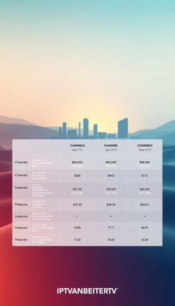 A modern, sleek comparison of IPTV lebenslang offers, showcasing the IPTVANBIETERTV brand. In the foreground, a clean grid layout displays key details about each plan - channels, price, features. The middle ground depicts silhouettes of various streaming devices, hinting at the versatility of the IPTV service. In the background, a soft, gradient-based landscape sets a serene, technological tone. Warm lighting casts a subtle glow, while a minimalist color palette of blues, grays, and whites evokes a professional, high-quality aesthetic. The overall composition strikes a balance between informative and visually compelling, inviting the viewer to explore the IPTV lebenslang offerings.