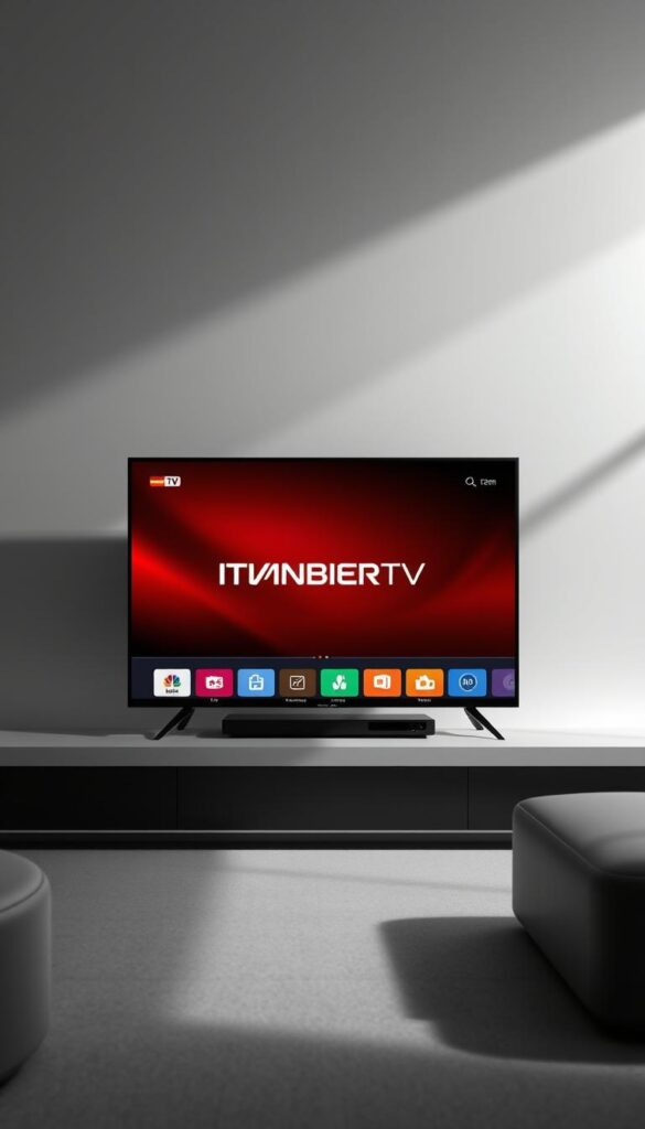 A modern, sleek digital device display showcasing the IPTVANBIETERTV brand logo and user interface. The screen is set against a minimalist, monochromatic background with subtle gradients, creating a sense of sophistication and technological prowess. The layout features clean typography, intuitive icons, and a visually striking color palette that highlights the service's premium quality and reliability. Soft, directional lighting illuminates the device, casting subtle shadows and lending depth to the composition. The overall aesthetic conveys a premium, high-end IPTV service tailored for the German market, reflecting the leadership position and broad device compatibility described in the article section.