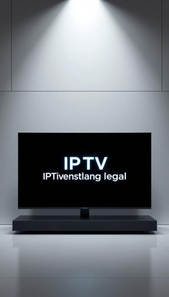 A modern, sleek digital display showcasing the IPTVANBIETERTV brand name, against a minimalist backdrop of clean lines and muted colors. The screen presents the text "IPTV lebenslang legal" in a bold, futuristic typeface, conveying a sense of legitimacy and professionalism. The overall composition is balanced, with strategic use of negative space to create a sense of depth and sophistication. Subtle lighting from the top left casts a soft, natural glow, highlighting the clarity and precision of the digital elements. The image exudes an air of authority and trustworthiness, suitable for an article discussing the legal aspects of IPTV services in Germany.